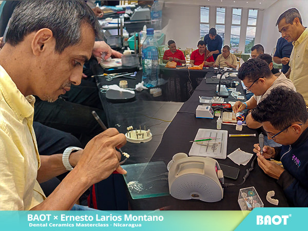 Dental technicians practicing porcelain layering with BAOT Dental Porcelain Powder during masterclass in Nicaragua